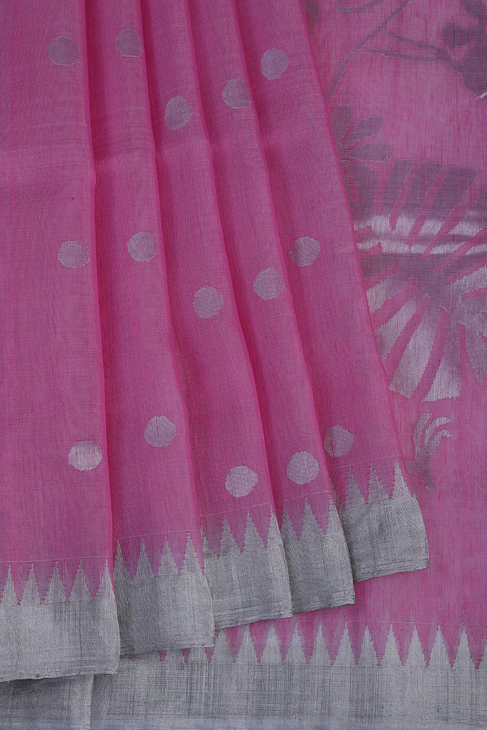Uppada Linen-Silk Candy-Pink Saree With Gorgeous Jamdani Silver Floral Pallu